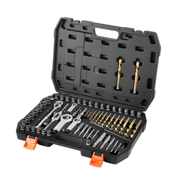 KFFKFF Screw Extractor Set, 63 Pieces, with Nut and Bolt Extractors, Nut Splitters, Taps, Drill Bits, Wrenches, Adapters, and Solid Storage Case