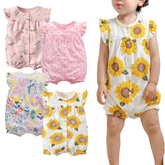 Emy Dola Newborn Baby Girls Snap-up Rompers 100% Cotton Toddler Infant Flutter Short Sleeve Bodysuit For 0-24M,1pcs