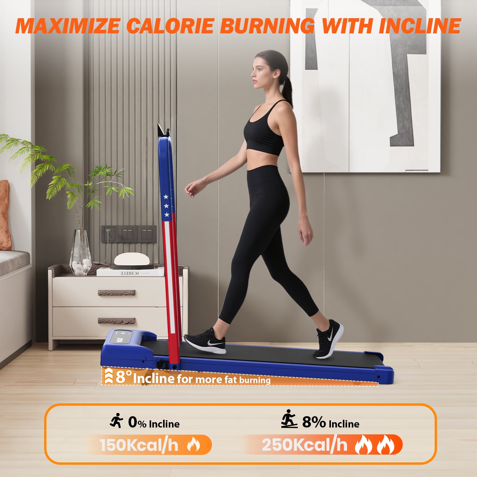 Yagud Walking Pad Treadmill with Handle Bar and Adjustable Incline, 3.8HP Portable Electric Treadmills with Wheels for Home, Home Treadmills with Incline, 0.5-3.8MPH, Blue