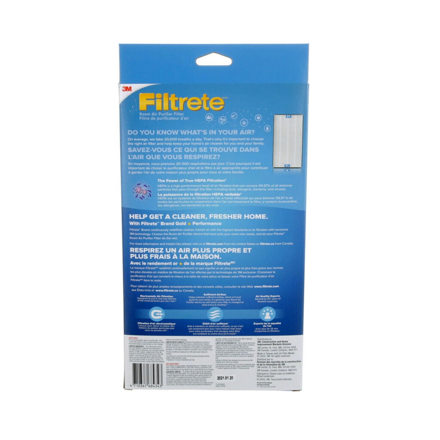 Filtre HEPA véritable Filtrete(MC) avec protection de qualité supérieure contre les allergènes, les bactéries et les virus, FAPF-CA-F1-PBV, V, F1, 1/paquet