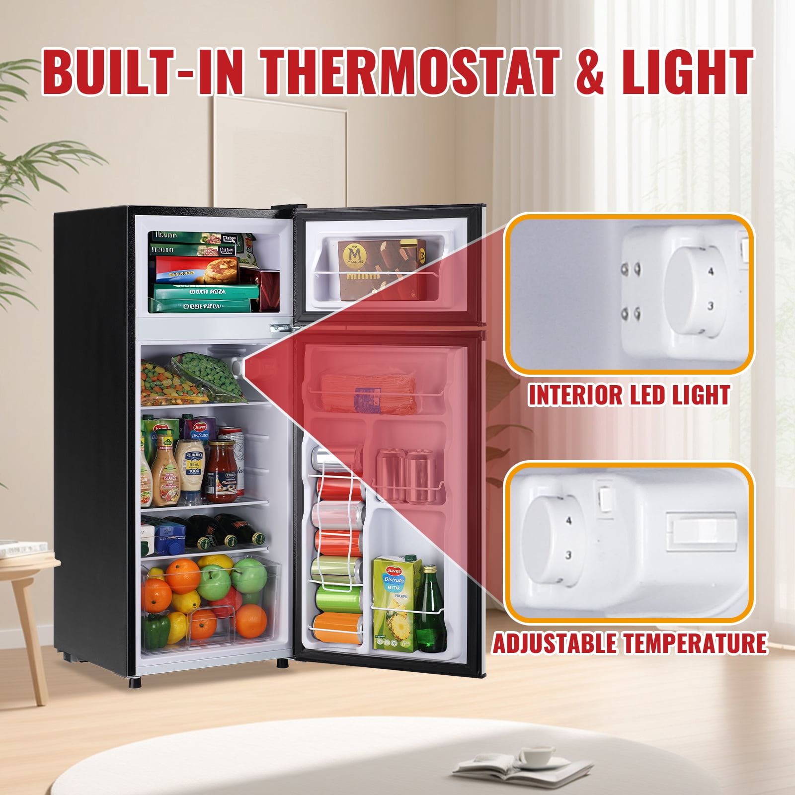 JIEJIA Double Door Small Refrigerator, 4.5 Cubic Feet Mini Fridge with 7-Level Adjustable Thermostat for Office, Dorm, Bedroom, Home and Apartment, Silver