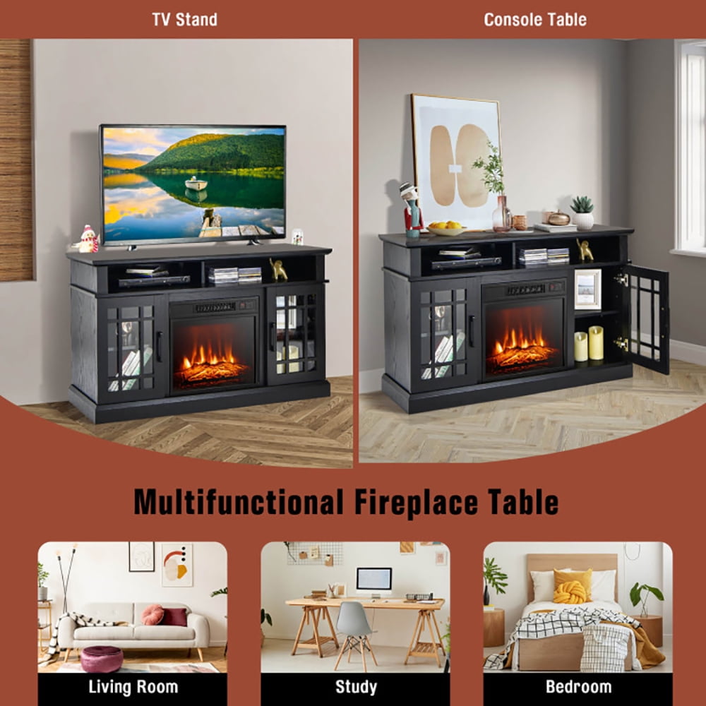 Finihen TV Stand, TV Cabinet, 48 Inch Electric Fireplace TV Stand with Cabinets for TVs Up to 55 Inch, Media Entertainment Center with Storage, for Living Room, Bedroom, Black