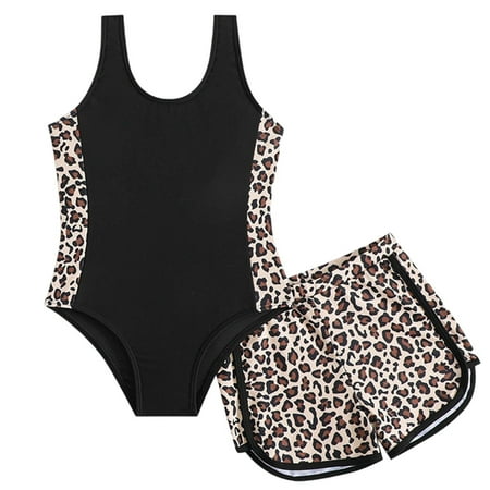 Hienoo Girls Leopard One-Piece Swimsuit and Boyshorts Bathing Suit Swimwear Sizes 7-8