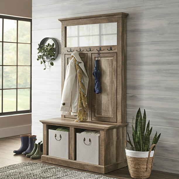 Better Homes Gardens Crossmill Hall, Entryway Hall Tree With Mirror Coat Hooks And Storage Bench