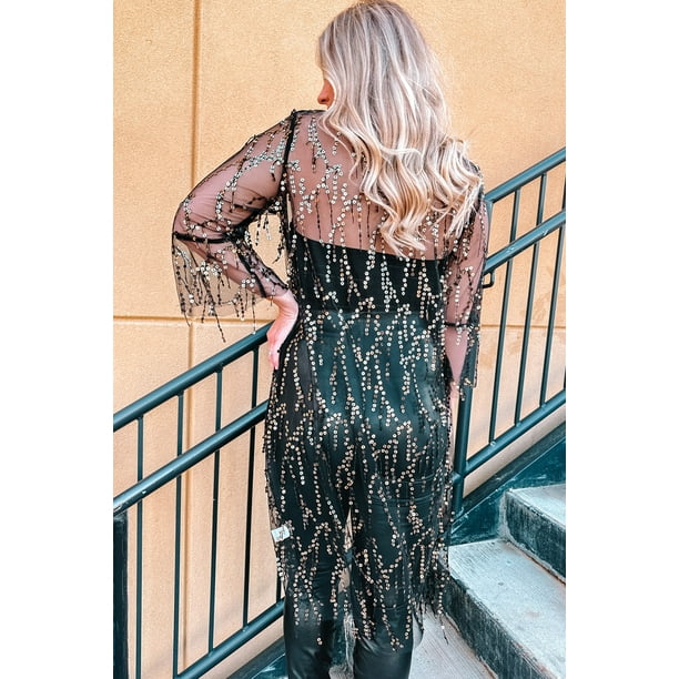 POGLIP Women s Black Sequin Sheer Long Sleeve Open Front Kimono