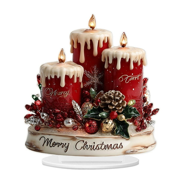 Letrero acrílico plano 2D, decoración navideña con vela roja y base, adorno navideño único para escritorio, estantería u oficina. Estilo D