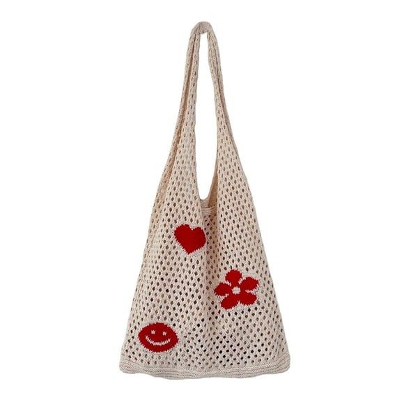 Peggybuy Knitted Large Capacity Shoulder Bag Mesh Hollow Flower Handbag (Apricot)