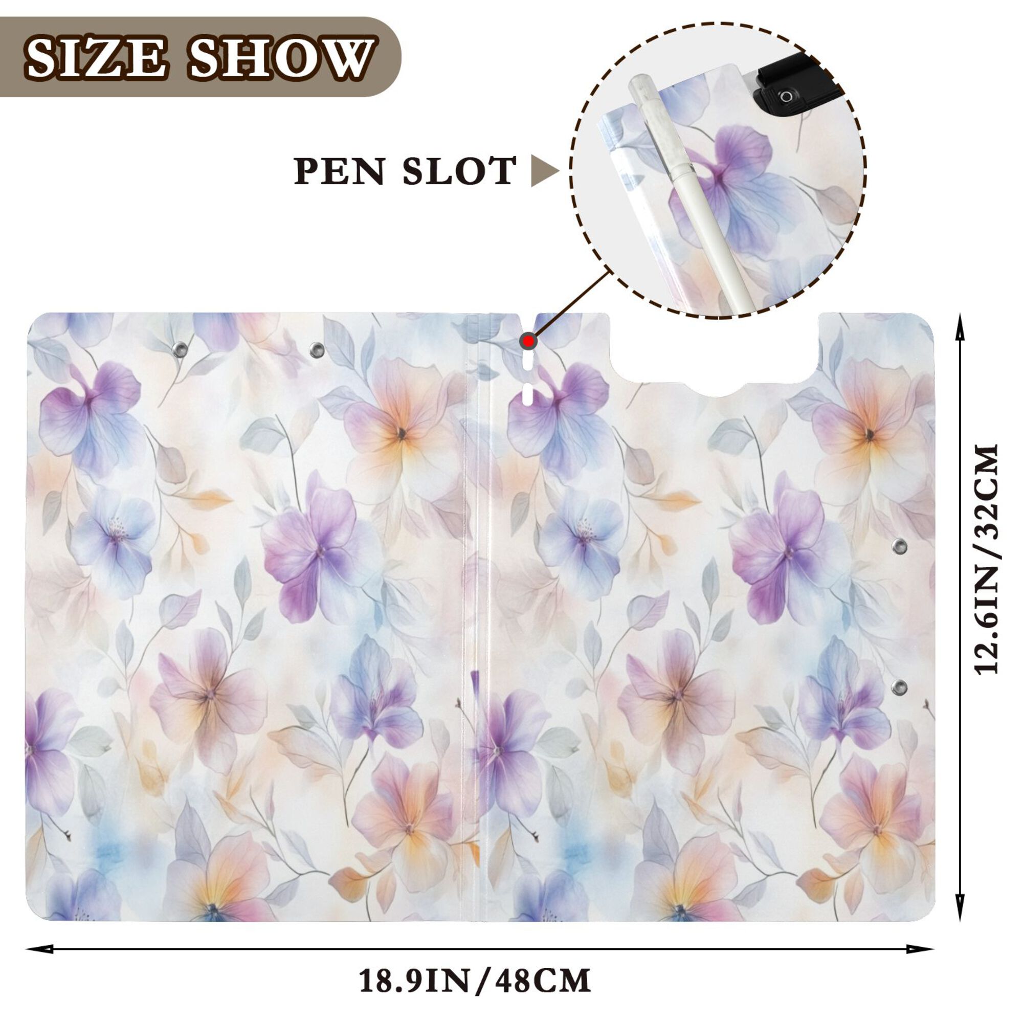 FORMRS A4 Clipboard Folder with Pen Holder Horizontal Foldable School Office Binder, Purple Flower Pattern