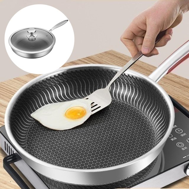 Sartén Woks de acero inoxidable con tapa, fondo plano, adecuada para todas las estufas, cocina de inducción, utensilios de cocina, sartén Wok , 26cm con tapa BLESIY Sartén Wok de acero inoxidable