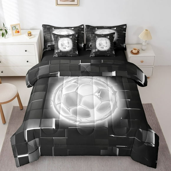Football 7 Pieces King Comforter Set,Silver Hippie Soccer Bed in a Bag Comforter & Sheet Set All Season,Hip Hop Bedding Sets with Comforter, Sheets, Pillowcases & Shams