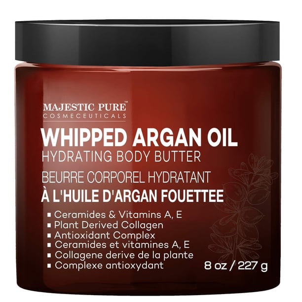 Mantequilla corporal con aceite de argán batido MAJESTIC PURE para mujeres y hombres, con ceramidas, vitamina E y A y colágeno vegano, para la piel y la apariencia de arrugas y líneas finas, 8 oz