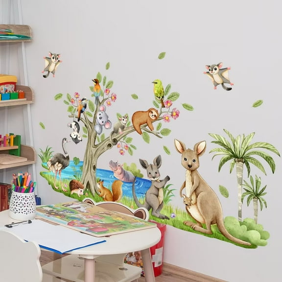 Large Jungle Animals Woodland Animal Tree Wall Stickers squirrel Deer Koala sloth Peel and Stick Wall Art Decals for Baby Nursery Kids Bedroom Living Room