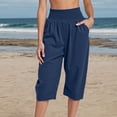 thumbnail image 2 of Cotton Linen Capri Pants for Women Lightweight Elastic Waist Loose Fit Wide Leg Cropped Pants with Pockets Womens Capris, 2 of 3