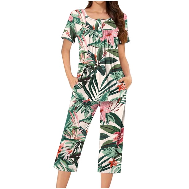 Blusas de Manga Corta para las Mujeres Casual Cuello Redondo, Pantalones de Moda Traje de Pijamas para Uso Diario Y Casero