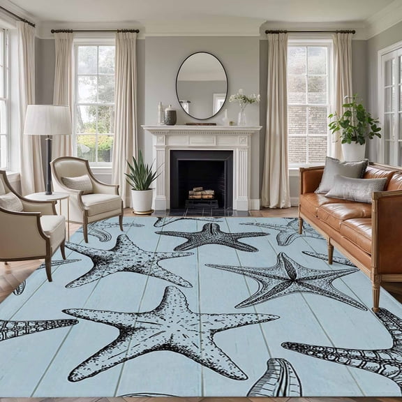 8x10 Area Rugs for Living Room, Teal Blue Starfish Non Slip Area Rugs for Kitchen Bedroom Entryway, Coastal Ocean Washable Carpet Runner Rug Floor Mats for Bedroom Home Decor Summer Sea Nautical