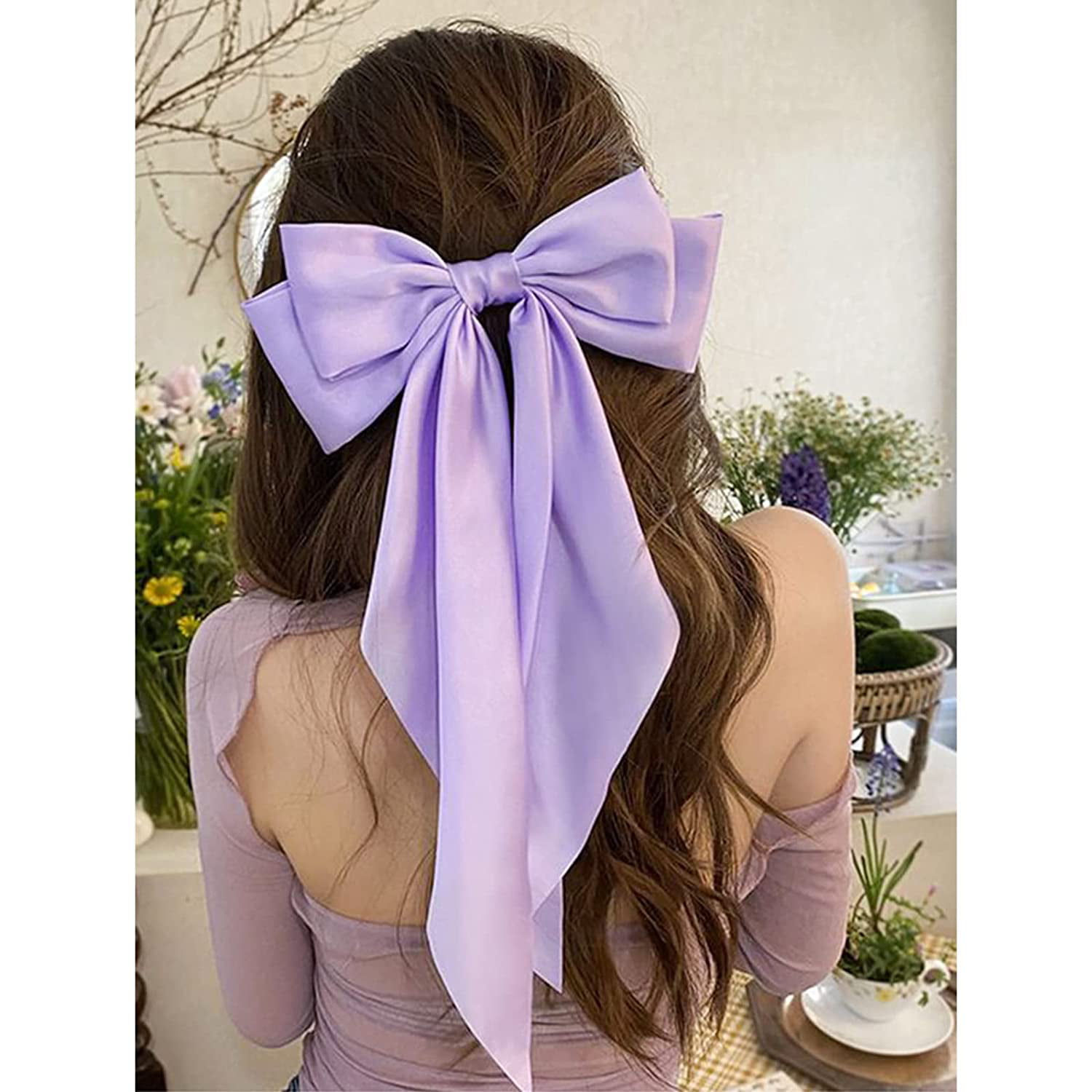 Ahoney 6pcs Silky Satin Hair Bows Clips for Women Girls, Hair Bows Ribbons  for Hair Bowknot Hair Clips with Long Tail, Cute Aesthetic Long Hair