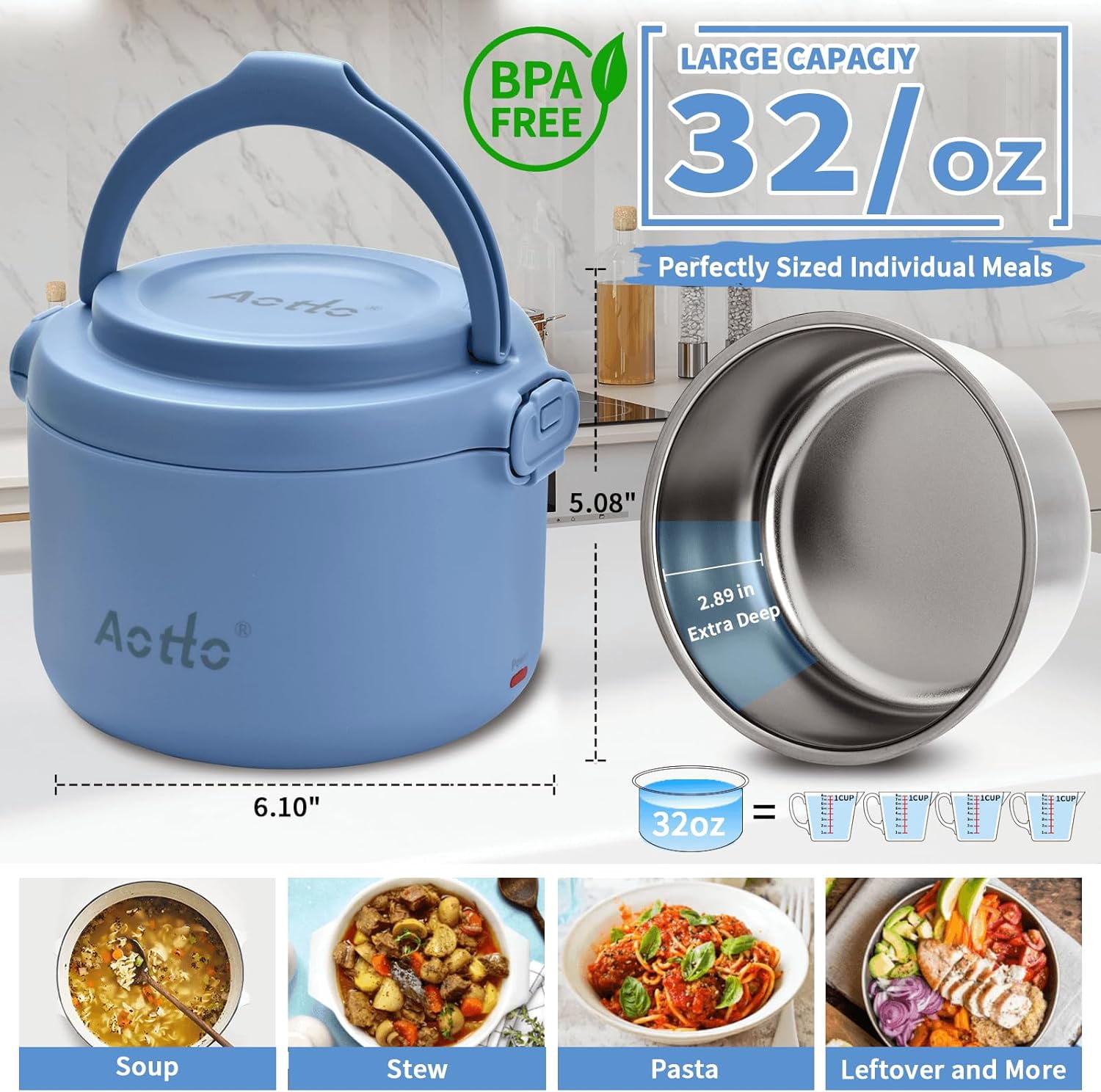 Aotto Electric Lunch Box, 32 oz Portable Heated Lunch Box for Adults, 12V/24V/110V Portable Food Warmer for Car/Truck/Work, BPA-Free, Blue