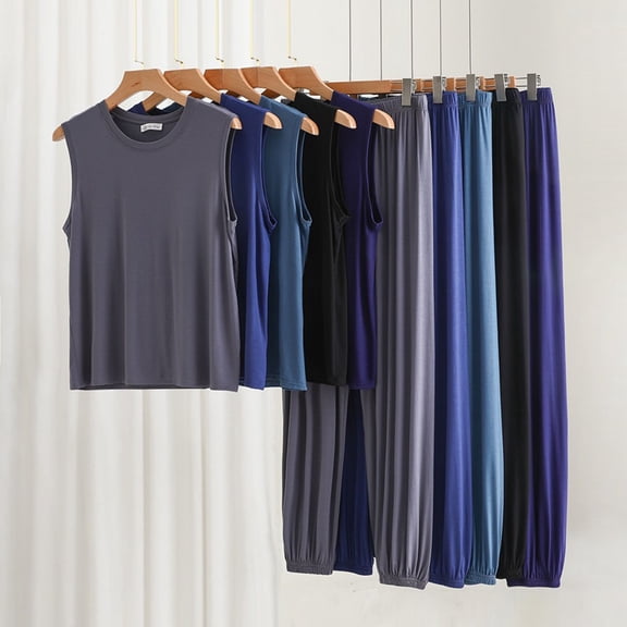 Vetsdori Soft Pajamas Sets for Men Modal Big and Tall 2 Pieces Sleepwear Sleeveless shirts and Pants Comfy Cozy Plain Casual Mens Loungewear