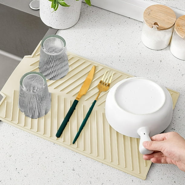 Tapete de silicona para escurridor - Grande, 38 x 25 cm, plegable, apto para lavavajillas | Salvamanteles gris/beige | Resistente al calor de grado alimenticio (-40 °C a 230 °C)