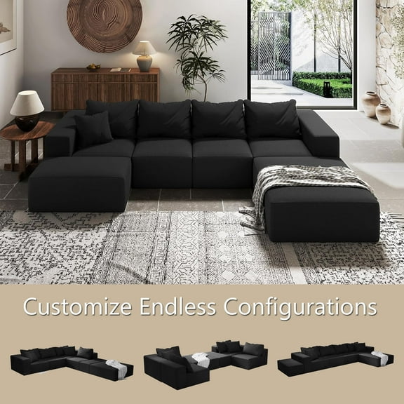 SEENYOO 132" U-Shape/L-Shape Convertible Sectional Sofa, 6-Seater Modular Couch with 6 Pillows, Free Combination for Living Room & Bedroom