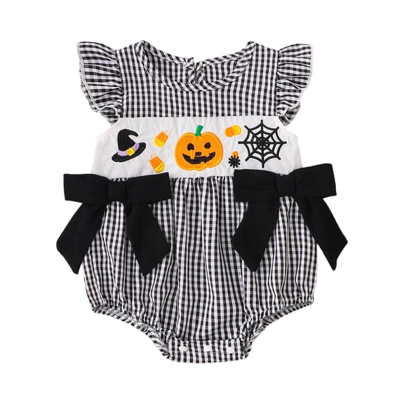 Quealent My First Halloween Outfit Baby Girl Ghost Pumpkin Romper Newborn Infant Girl Flying Sleeve Onesie Bodysuit Clothes (Black, 12-18 Months)