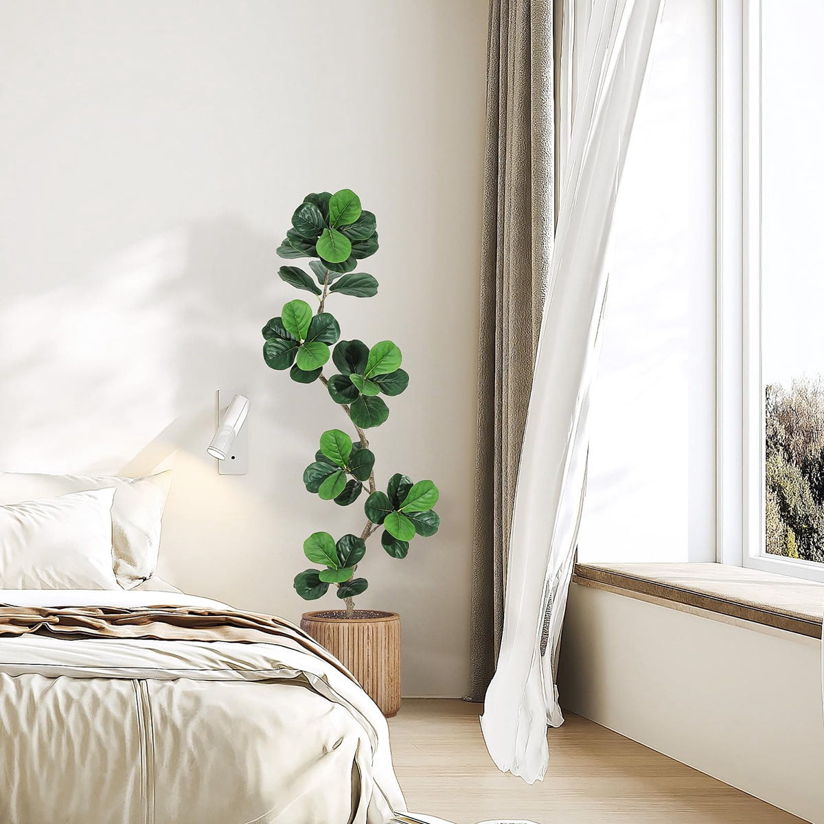 Ataucjin 5ft Fiddle Leaf Fig Artificial Tree, Faux Plants Indoor with Moss&White Planter, Fake Rubber Tall Fake Floor Plant in Pot,Artificial Trees for Home Office Living Room Decor