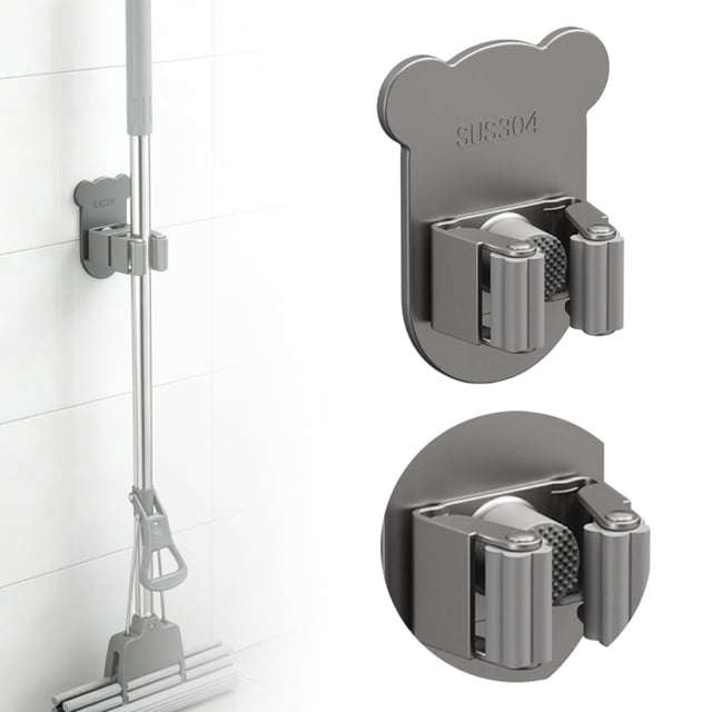 Cartoon Bear Stainless Steel Mop Holder No Punch Bathroom Mop Rack Strong Storage Solution 5ml