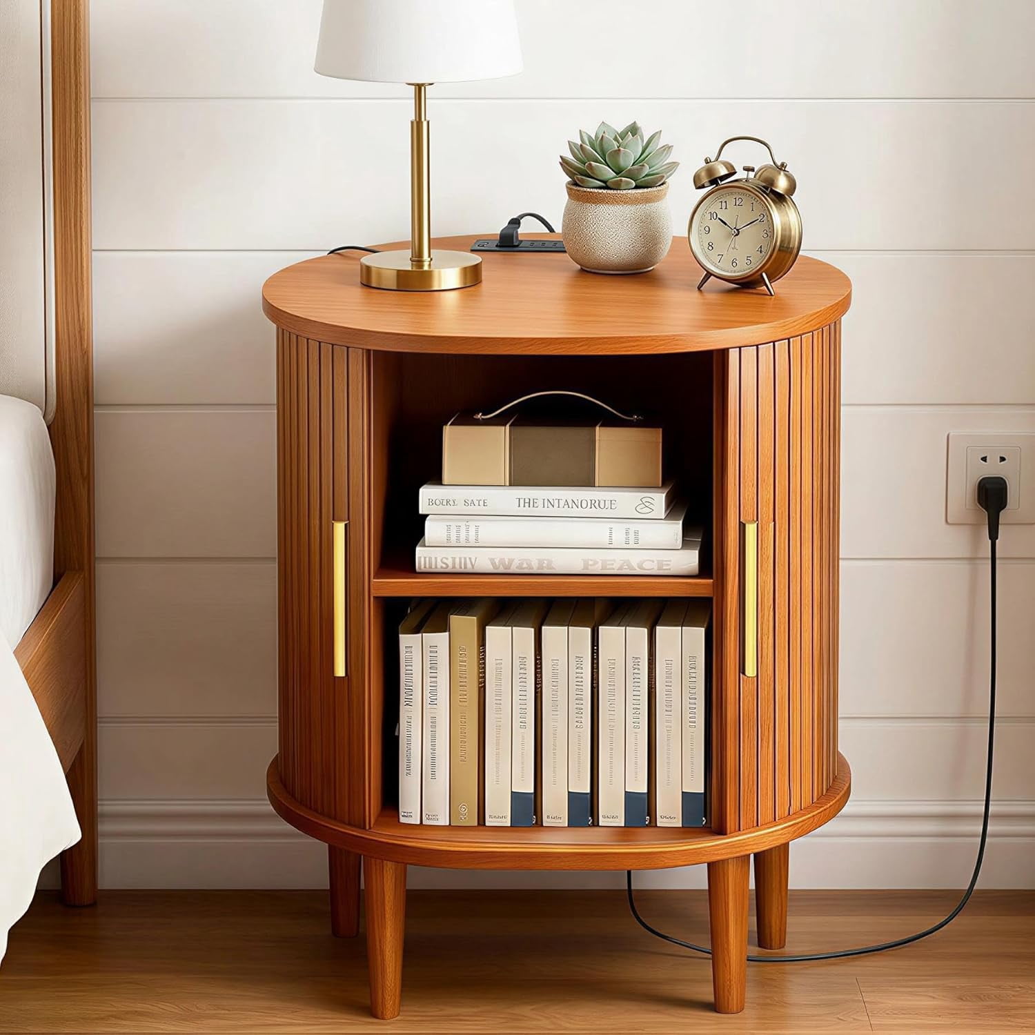 avobird Fluted Nightstand with Charging Station, Modern Side Table, Round Wood End Table with Drawer, Sliding Door & Adjustable Shelf for Living Room, Bedroom, Walnut