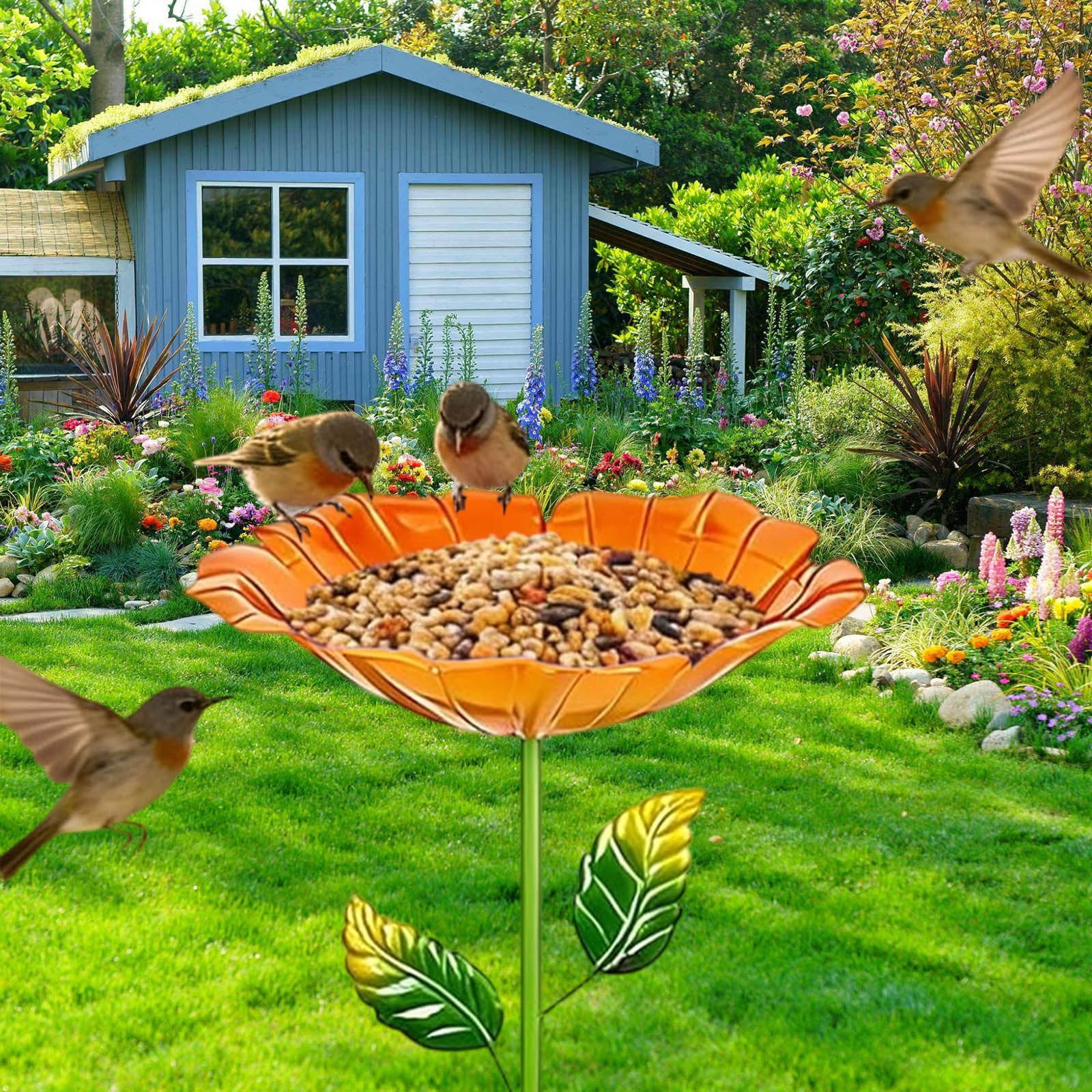 Outdoor storage box Standing Bird Bath Metal Garden with Stake, Removable Bird Bath Water Drinker for Wild Birds, Vintage Garden Decoration for Yard Patio, Rustproof Iron Finish