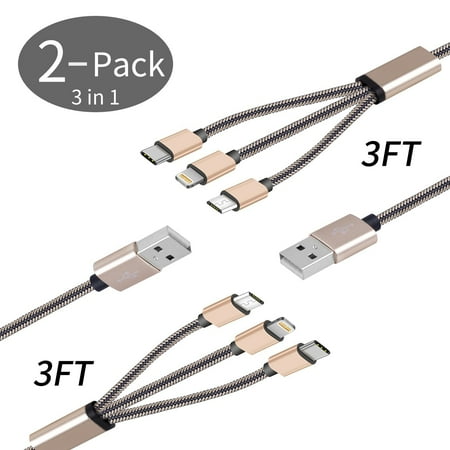 2 Pack 3 In 1 3ft Charger Cable Super Speed Multiple 3a Usb Charging