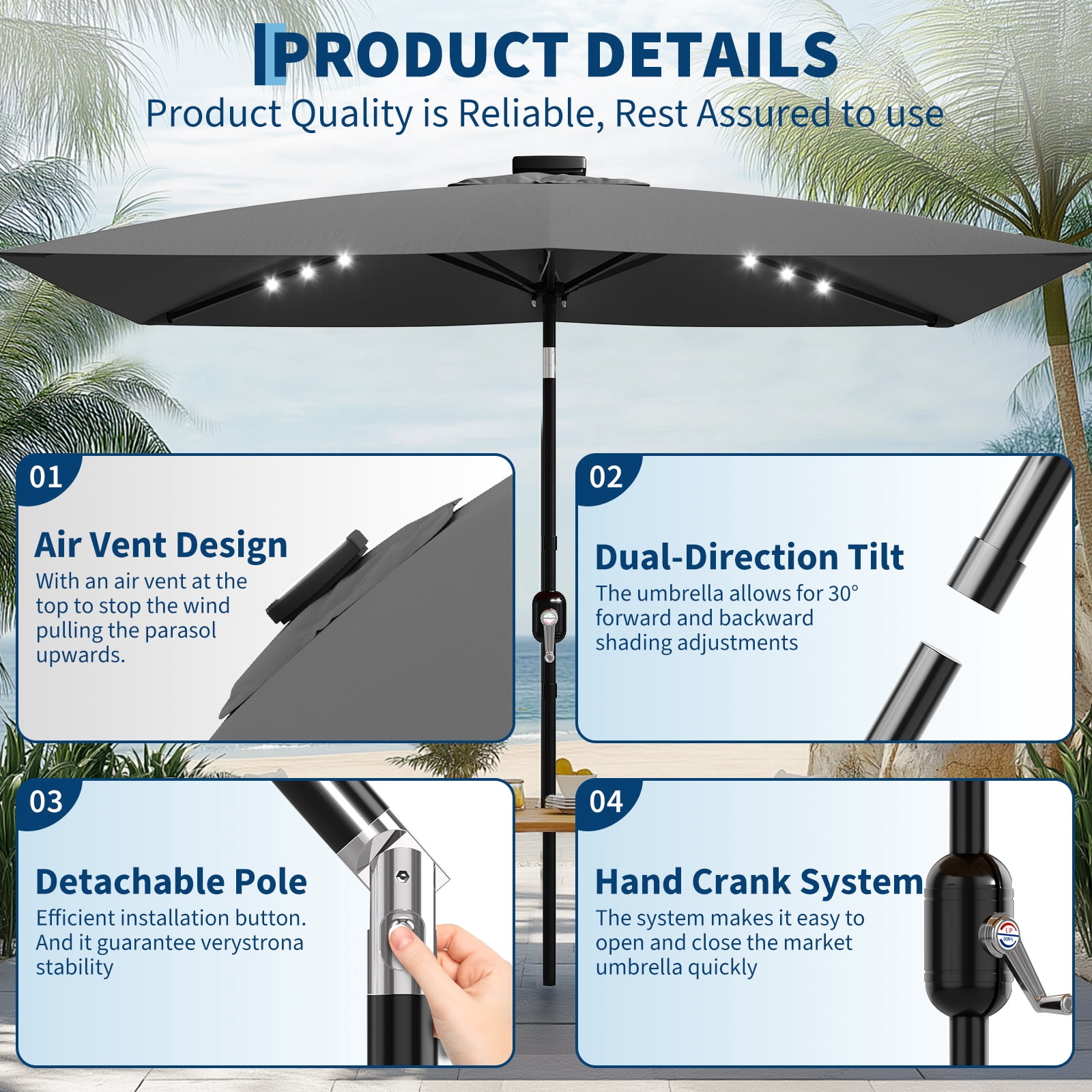 Memoryfield 10' x 6.5' Solar Rectangular Patio Umbrella with LED Lights, Outdoor Market Umbrella, 6-Rib Table Umbrella for Garden, Deck & Lawn, Gray