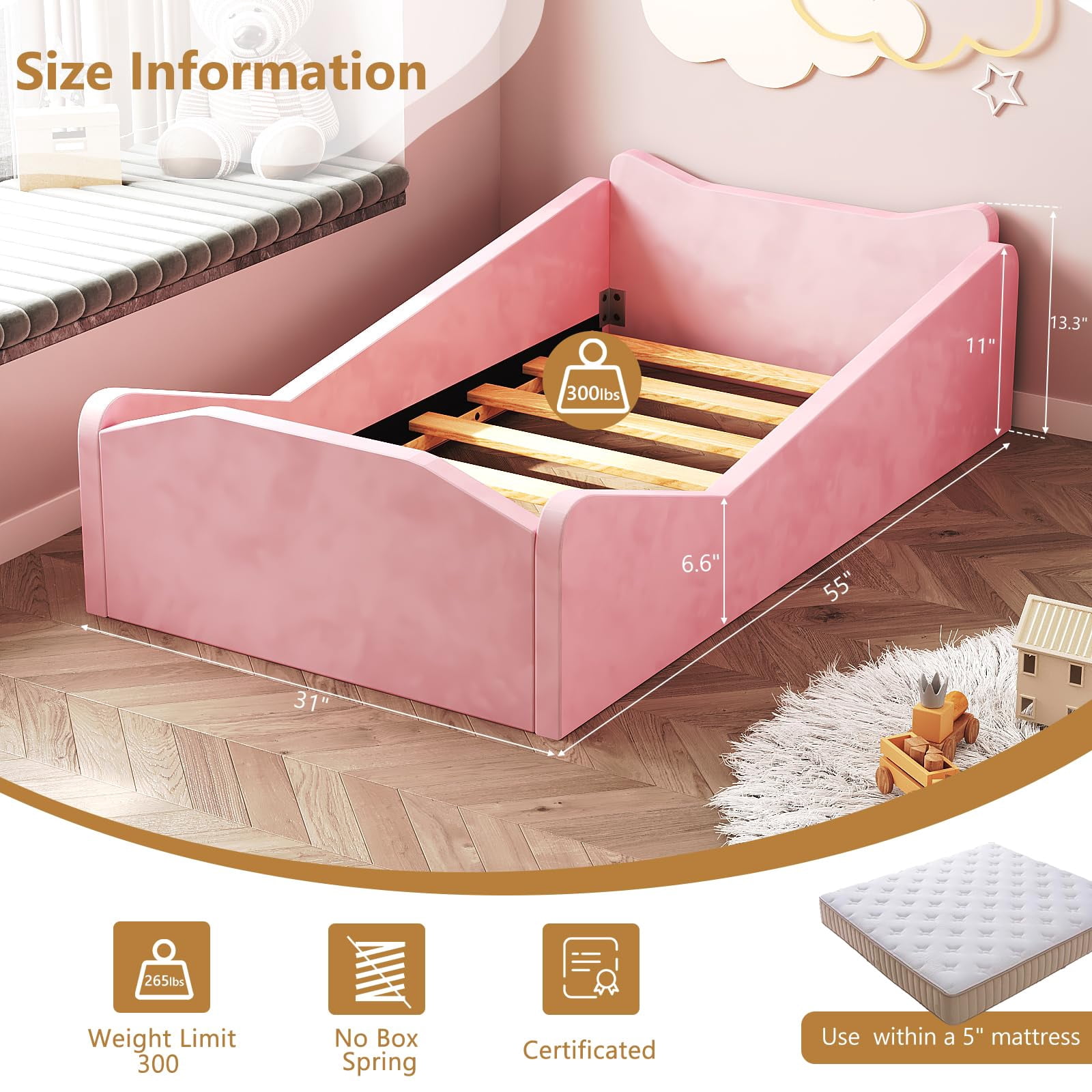 Zimtown Wood Bed, Floor Bed with Safety Guadrail, Montessori Bed with Soft Velvet Wood Bed, Mattress not Included (Pink)
