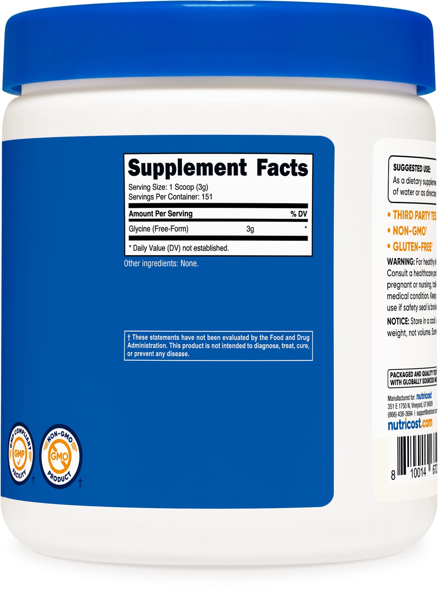 Nutricost Glycine Powder 1lb - Non-GMO, Gluten Free Amino Acid Supplement