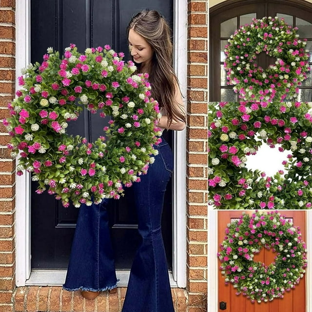 Spring Festival Summer Powder White Wreath Simulation White Wreath Door Hanging Home Decoration Spring and Summer Wreath Farmhouse Door Front Decoration Farm Wreath