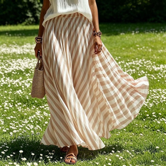 Striped Maxi Skirts for Women Flowy Loose Fit Elastic Waist A-Line Long Skirts Summer Casual Beach Vacation Skirts, L