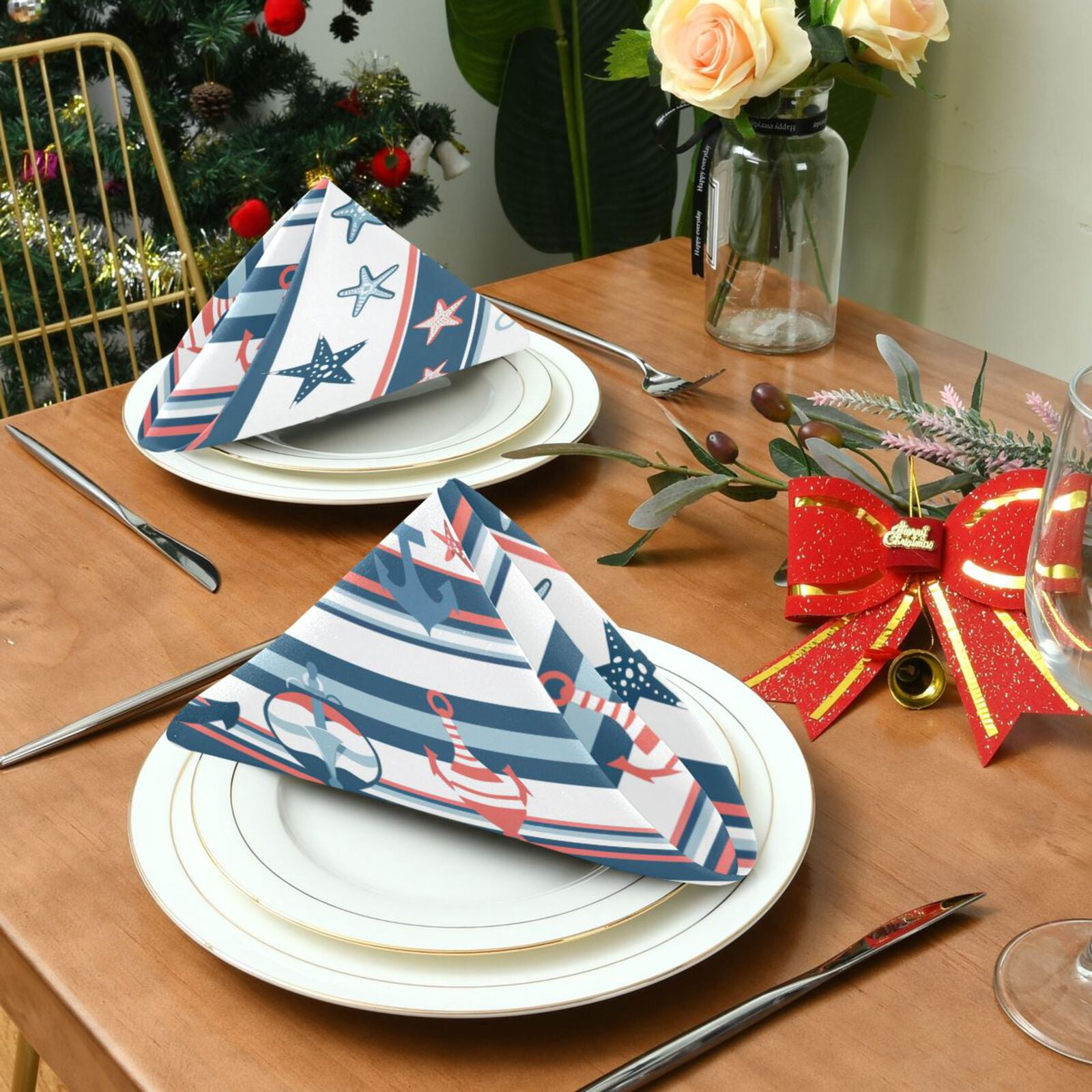 JSTEL Seafish Anchor Stripe Cloth Napkins Set of 6, 20x20 Inch Washable and Reusable Napkin for Decoupage Dinner Party Everyday Use