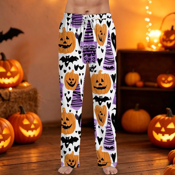 Mens Halloween Pajama Pants Witch Hat Castle Elastic High Waist Horror Sleep Pants Spider Web Skeleton Wide Leg Spooky Pajama Pants, XL