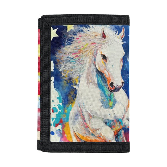Chririnla American Flag Horse Print Children's Wallet, Polyester Trifold Card Wallet for Sports, Wear-Resistant Slim Toddler Wallet