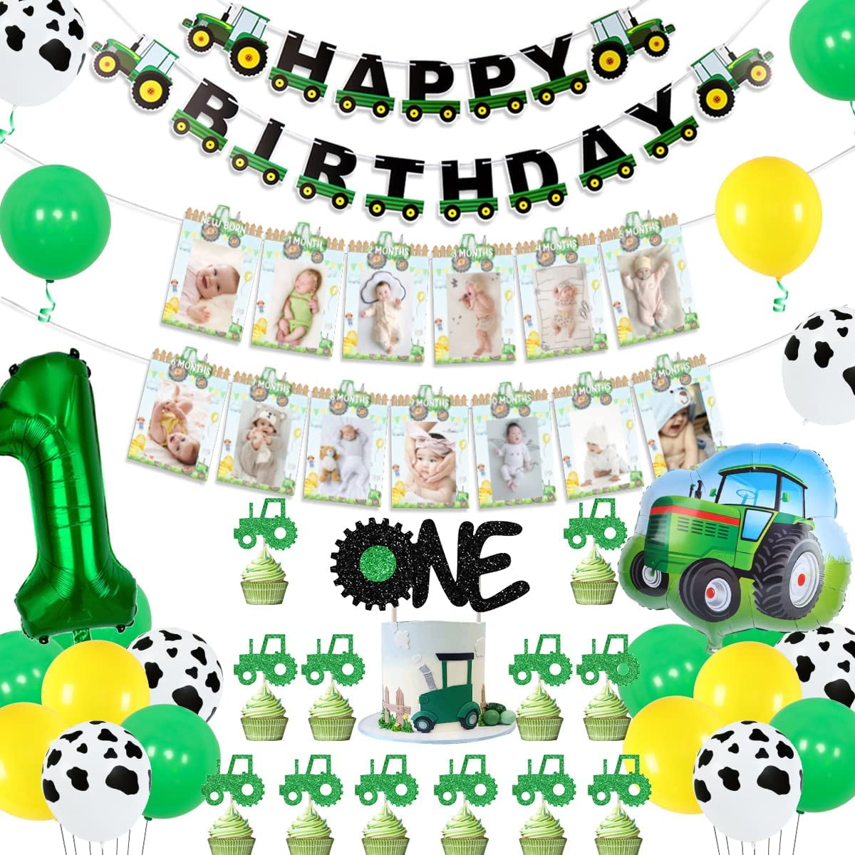 Tractor First Birthday Decorations for Boys, Farm Green Tractor 1st