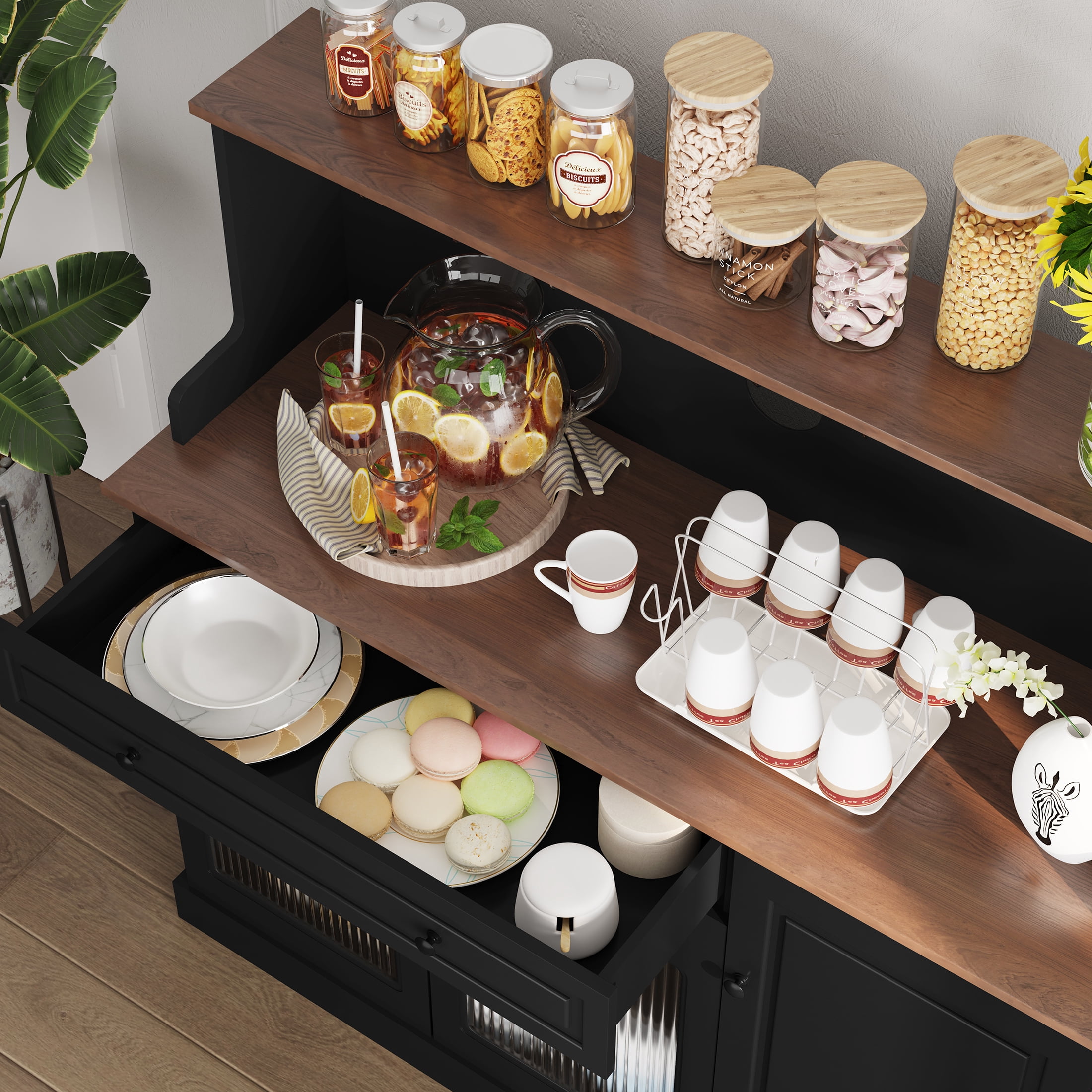 HLR 48" Modern Wood Kitchen Pantry Cabinet, Coffee Bar with Drawer & Microwave Stand, Dining Room, Black