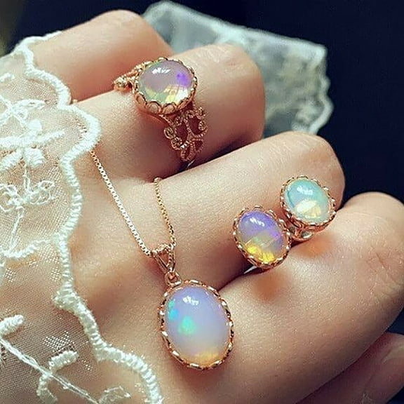 Yesbay Elegant Women Engagement Wedding Oval Faux Opal Necklace Ring Stud Earrings Set-Rose Gold