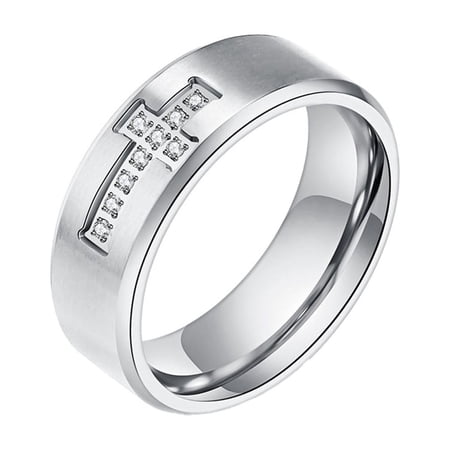 HIRPLIS Cross Band Rings for Women Men Stainless Steel Cubic Zirconia Christian Religious Prayer Faith Couple Simple Minimalist Personalized Gift Jewelry Silver Plated 12