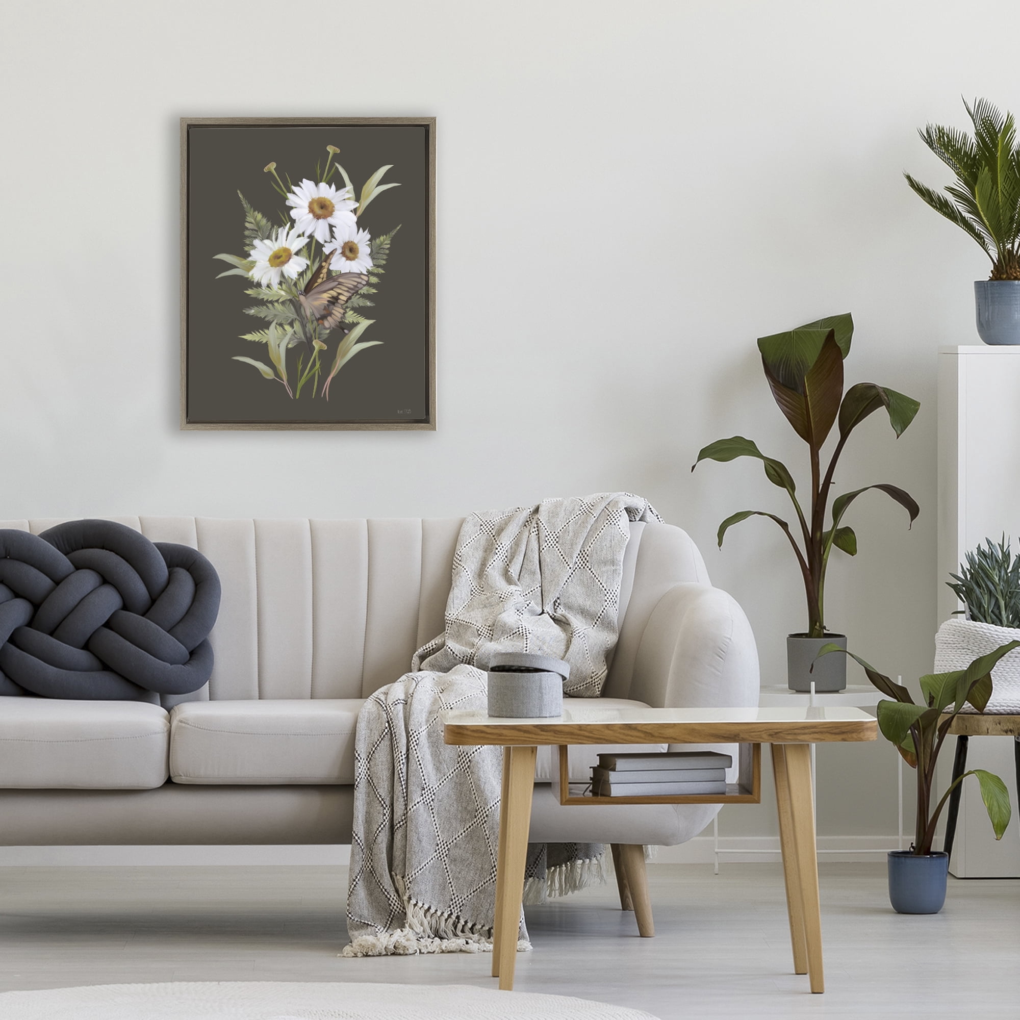 Stupell Industries Daisy Bouquet with Swallowtail Brown Framed Floater Canvas Wall Art, design by House Fenway