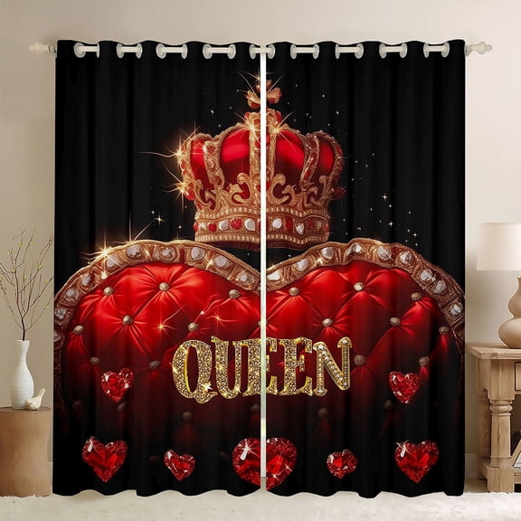 Castle Fairy Queen Crown Girl Black Out Curtains,Bling Gold Glitter Curtains Pack of 2 (42x63 Each),Sparkling Red Crystal Bedroom Curtains,Ultra Soft Home Decor