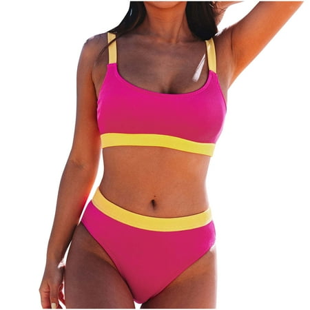 USNSM Women s Two-Piece Ribbed Swimsuit Color Block Patchwork Bikini Top with High Waist Bottom Sexy Crew Neck Bathing Suit Hot Pink XL