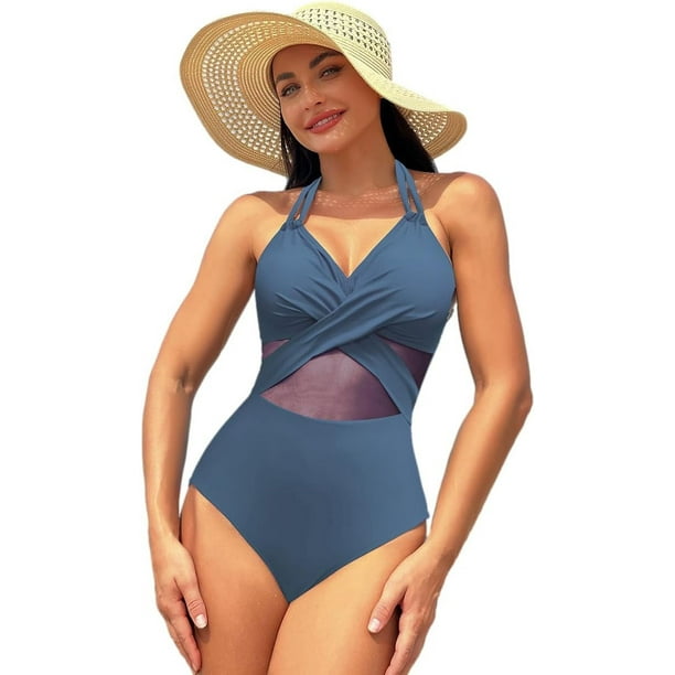 Wafatliotn Traje de baño de una pieza con corte halter y parte delantera con push-up para mujer