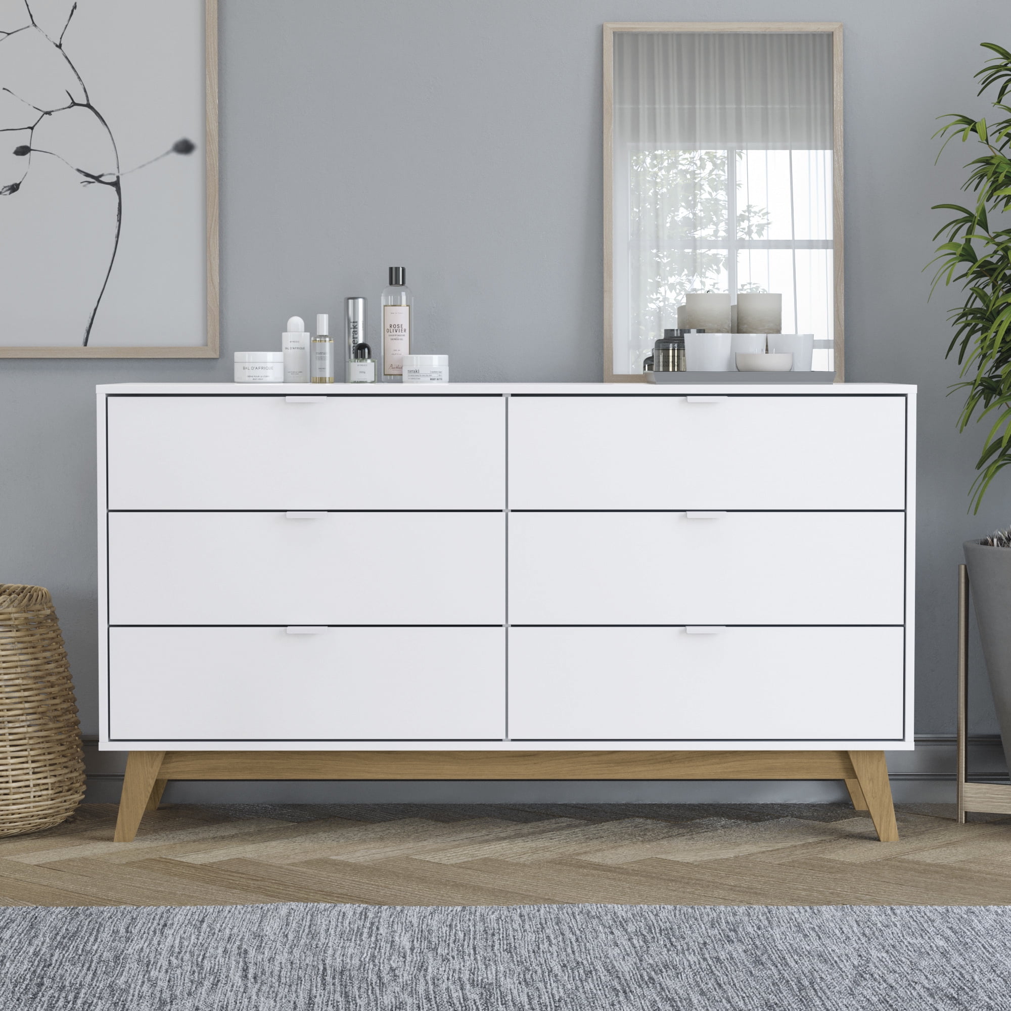 Kappesberg Hanford 6-Drawer Dresser – Modern White/Light Brown Finish – Wide Storage Chest for Bedroom or Living Room - for Adults and Teens
