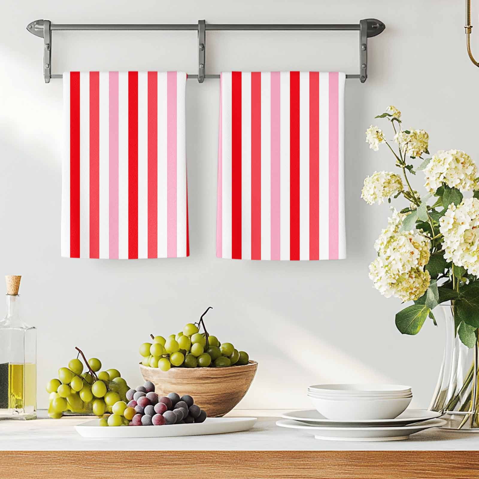 Dish Towels, Pink Red Stripes Absorbent Kitchen Towels 2 PCS, Lines Striped Microfiber Hand Towels Dish Cloths Tea Towels for Home&nbsp;Bathroom Cleaning Drying,18X28-Inch,