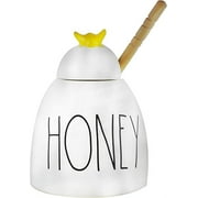 Rae Dunn Ceramic HONEY Pot Ivory with Black LL Letters Yellow Bee on Lid and Wooden Dipper Kitchen