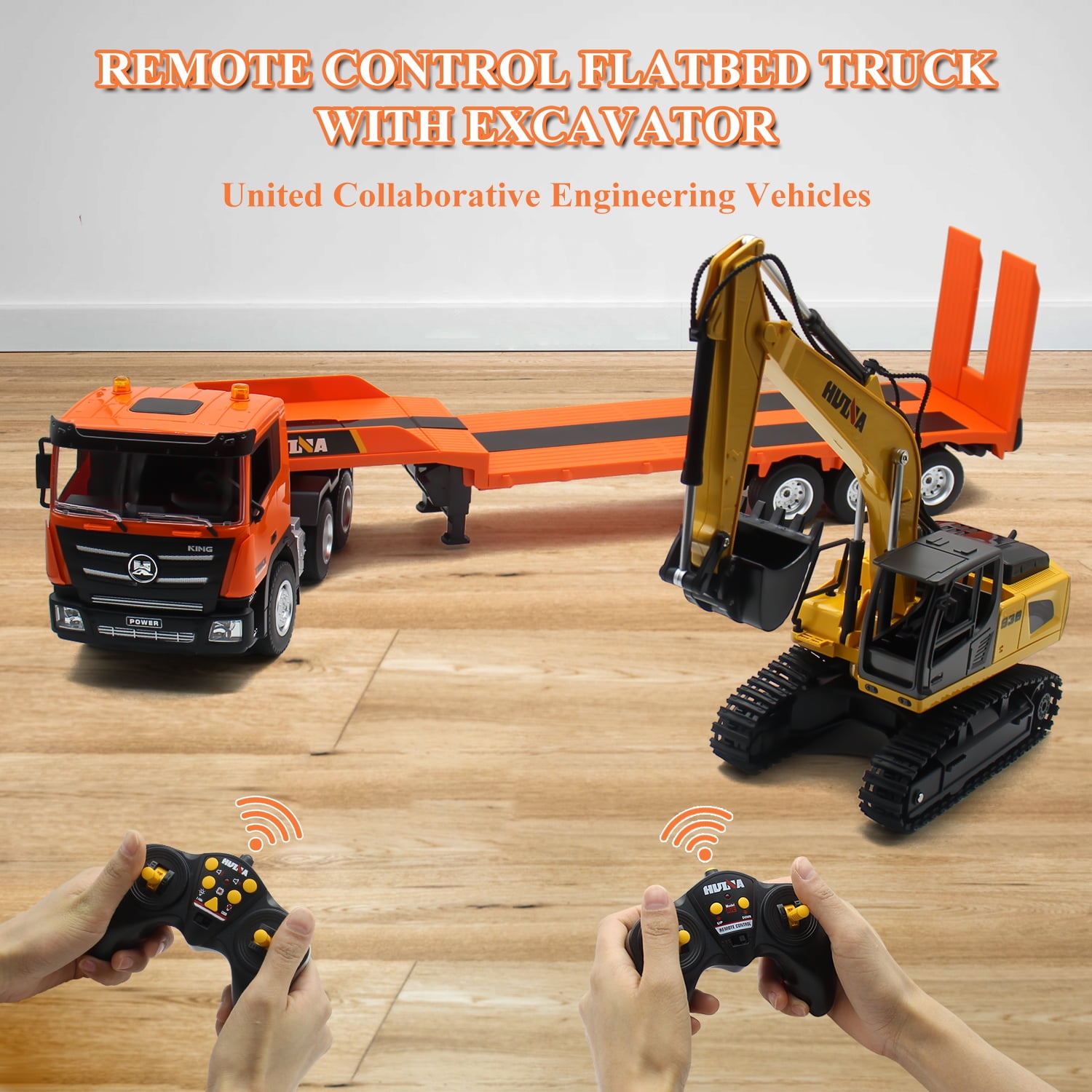 2 in 1 Remote Control Excavator with Flatbed Truck Toys, 1:24 RC Semi-Trailer Engineering Tractor with Sound and Lights, Construction Vehicles Toy for Boys